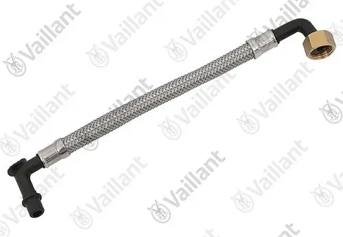Vaillant Schlauch mit flexibler Edelstahlumwicklung und angeschlossenen Fittings, geeignet für Heizungs- oder Sanitäranwendungen.